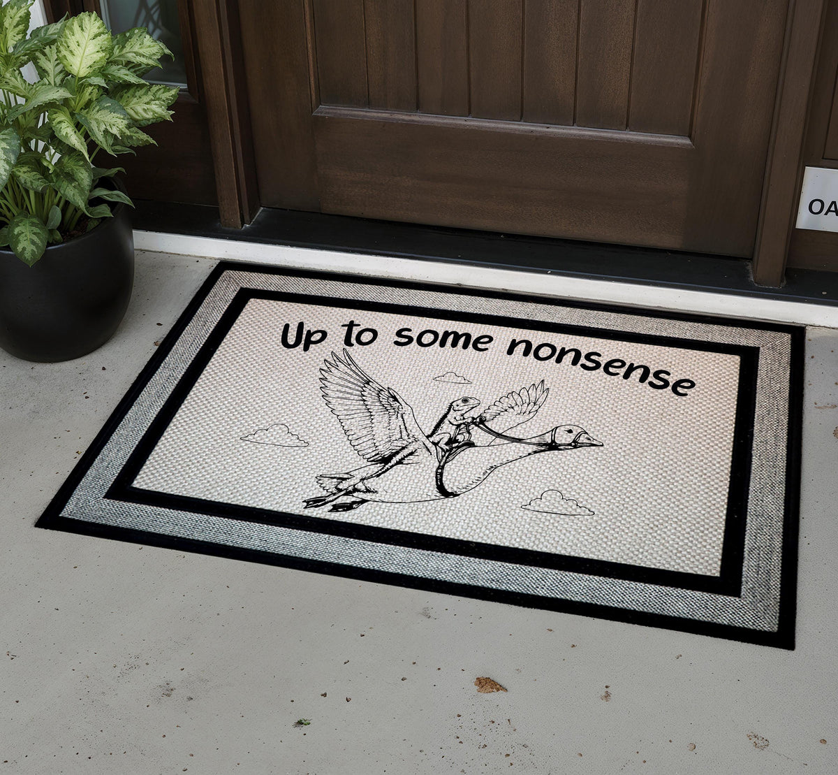 Funny Goose Dolphin Riding Doormat, Absurd Humor Porch Decor Mat