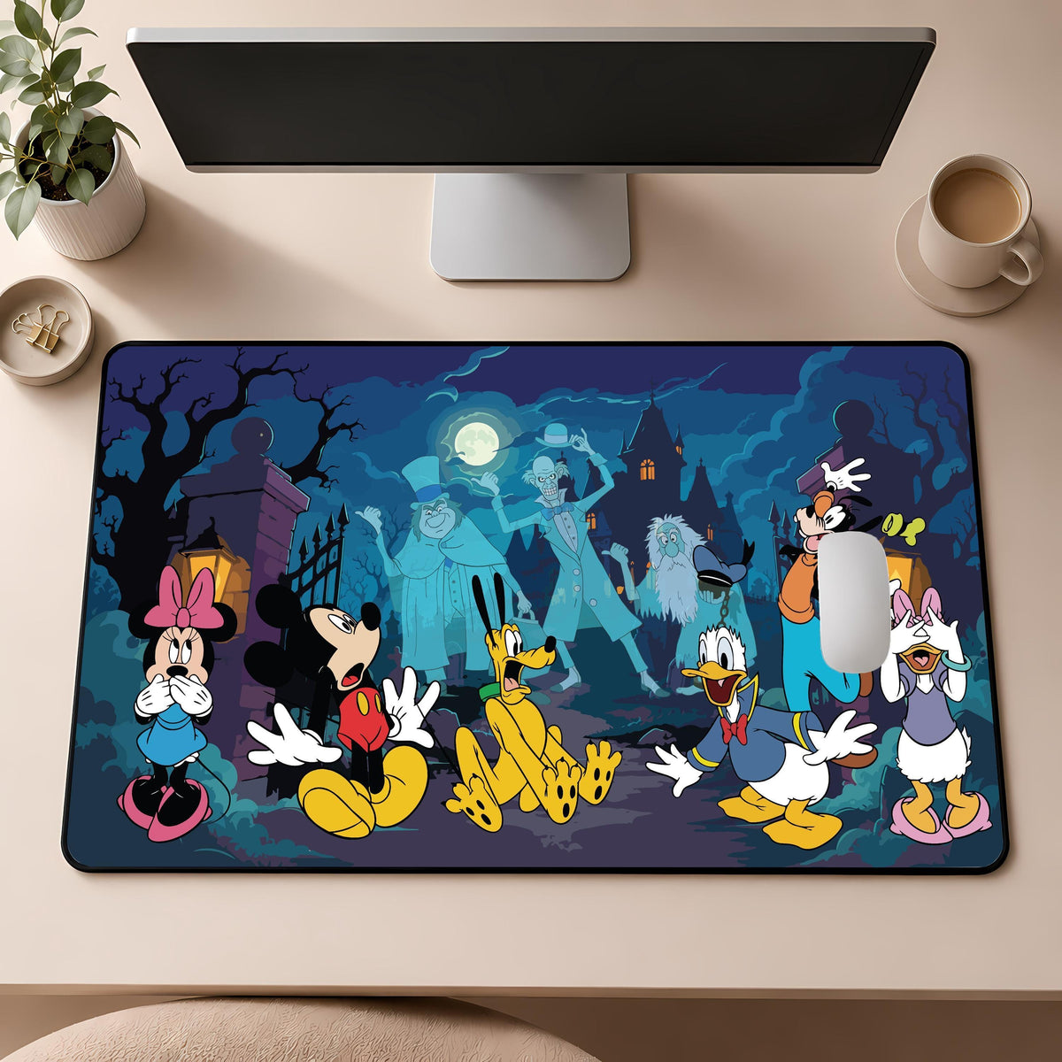 Spooky Cartoon Desk Mat, Halloween Haunted House Mouse Pad, Gothic Office Decor