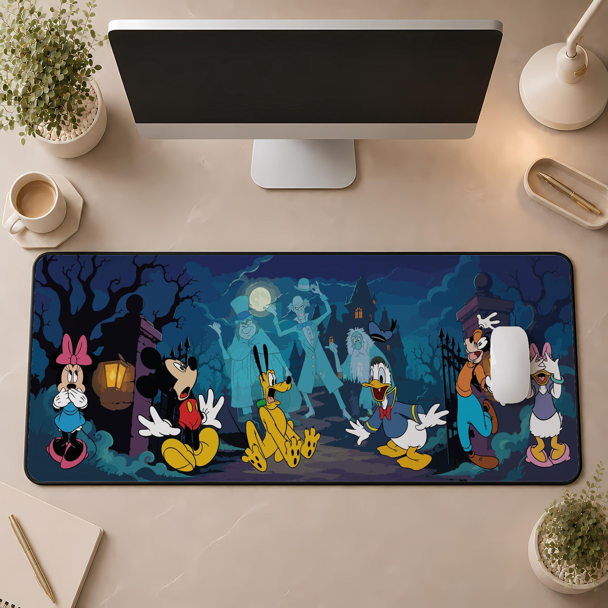 Spooky Cartoon Desk Mat, Halloween Haunted House Mouse Pad, Gothic Office Decor