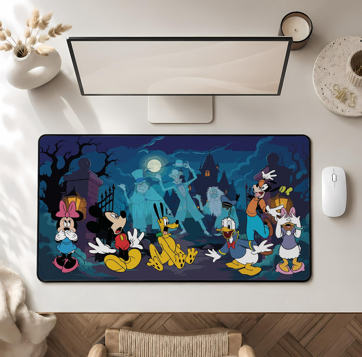 Spooky Cartoon Desk Mat, Halloween Haunted House Mouse Pad, Gothic Office Decor