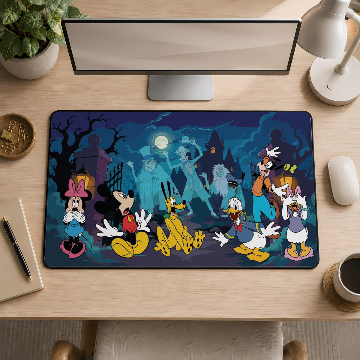 Spooky Cartoon Desk Mat, Halloween Haunted House Mouse Pad, Gothic Office Decor