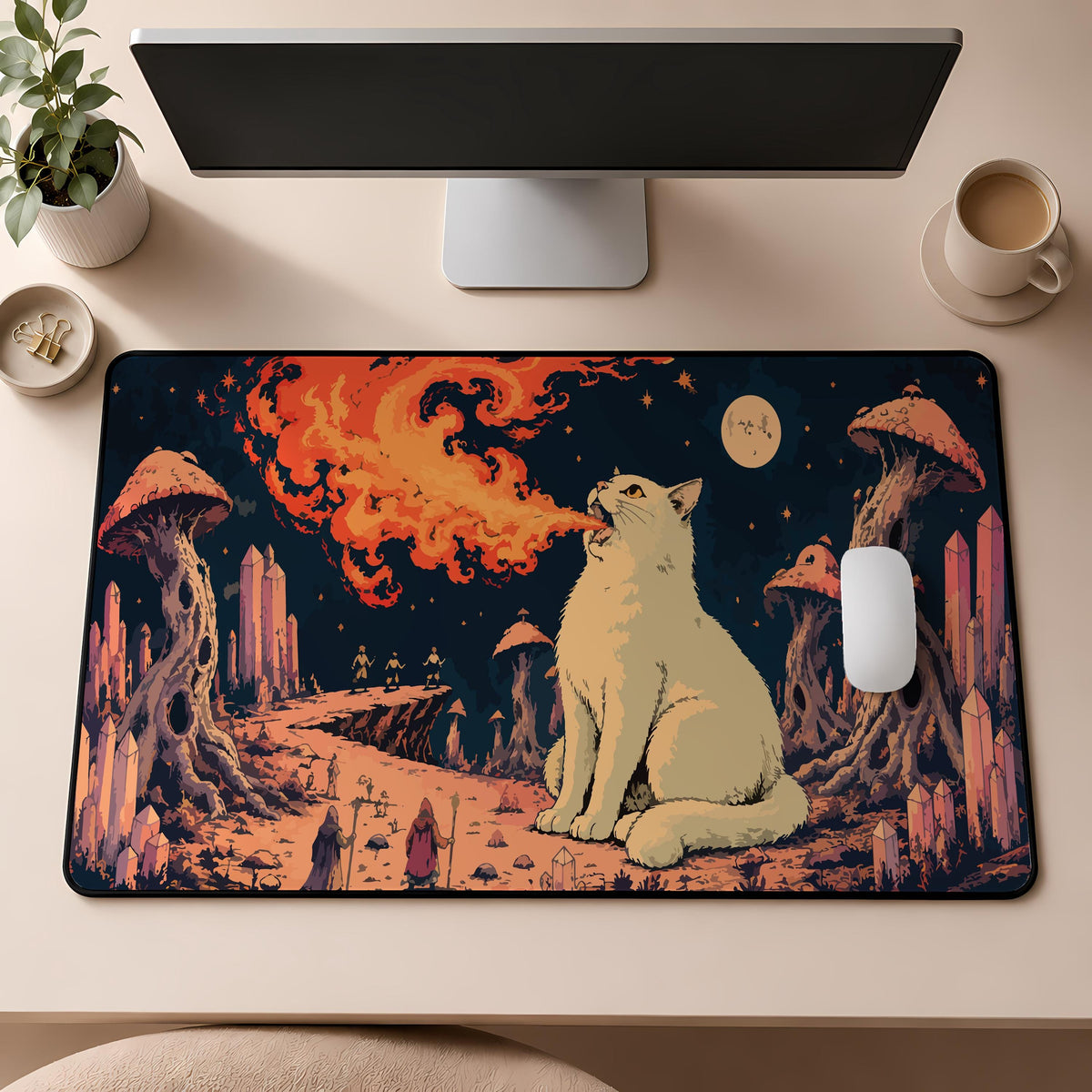 Fire Breathing Cat Desk Mat, Fantasy Gaming Mouse Pad, Trippy Art Playmat (12x32")