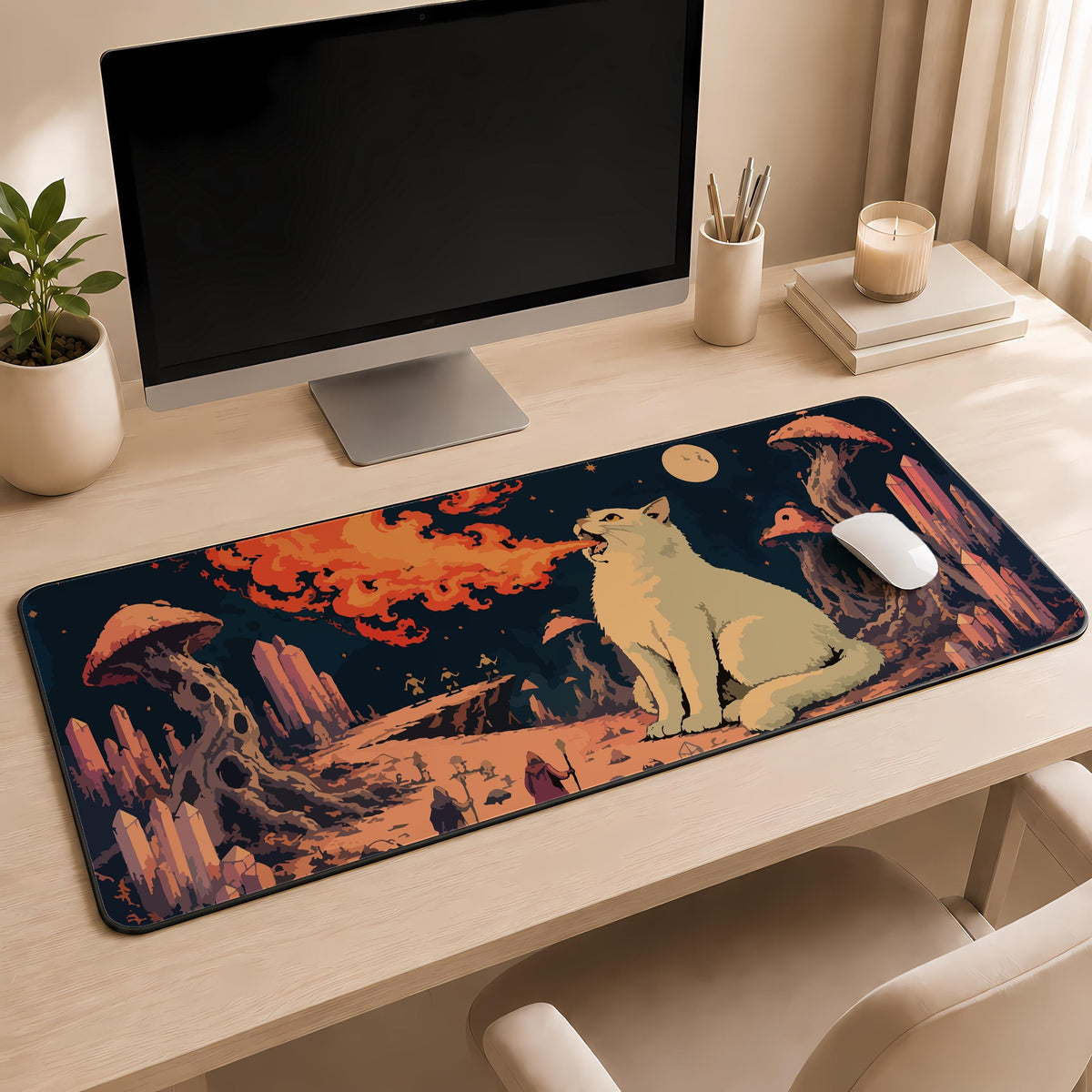 Fire Breathing Cat Desk Mat, Fantasy Gaming Mouse Pad, Trippy Art Playmat (12x32")