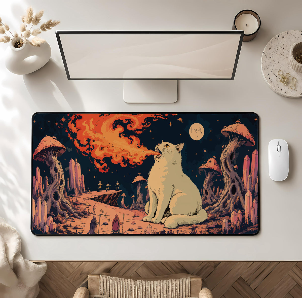 Fire Breathing Cat Desk Mat, Fantasy Gaming Mouse Pad, Trippy Art Playmat (12x32")