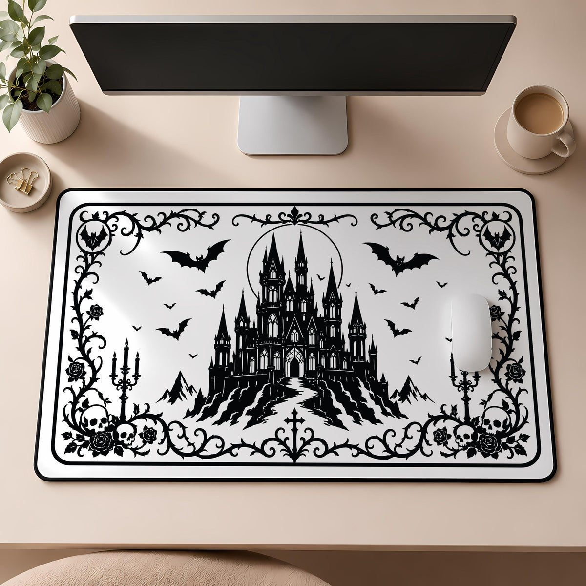 Gothic Castle Desk Mat, Spooky Bats Mouse Pad, Goth Gamer Accessory