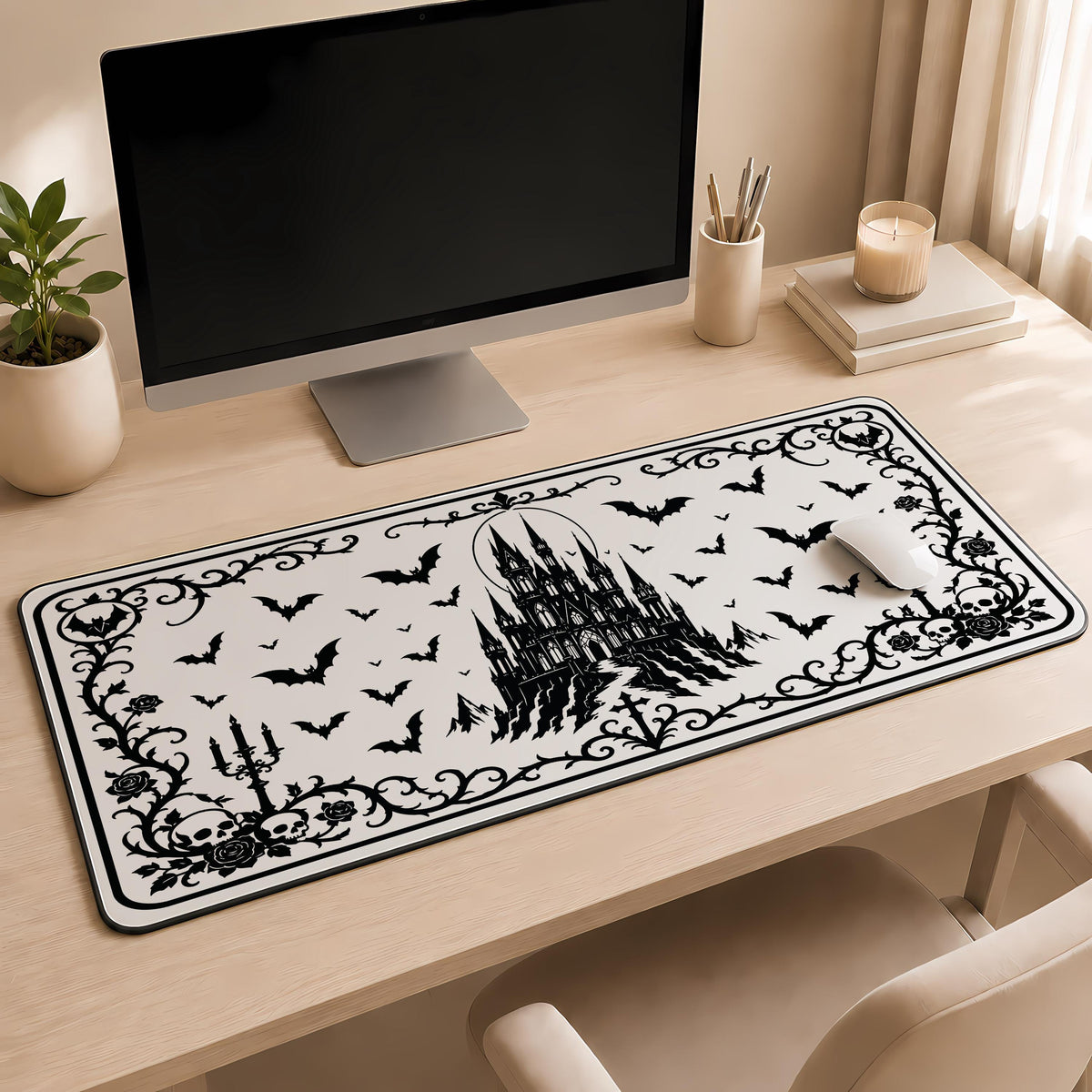 Gothic Castle Desk Mat, Spooky Bats Mouse Pad, Goth Gamer Accessory