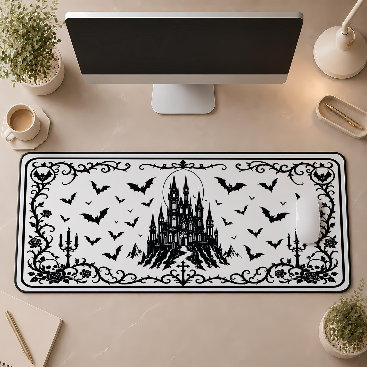 Gothic Castle Desk Mat, Spooky Bats Mouse Pad, Goth Gamer Accessory