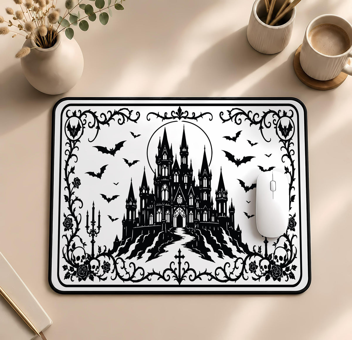 Gothic Castle Desk Mat, Spooky Bats Mouse Pad, Goth Gamer Accessory