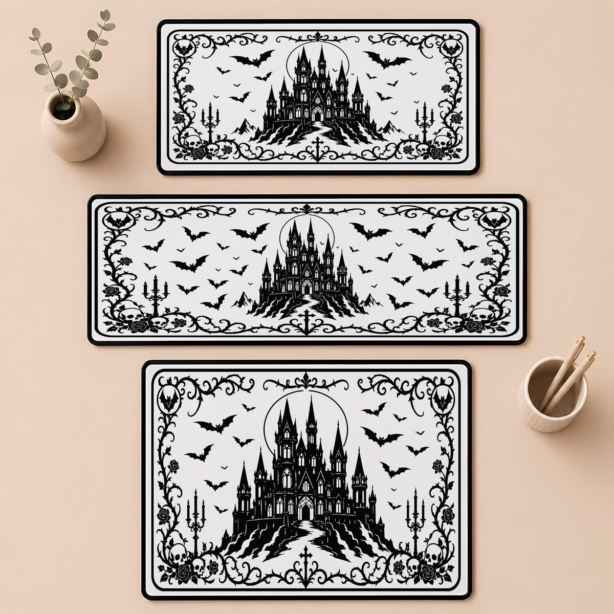 Gothic Castle Desk Mat, Spooky Bats Mouse Pad, Goth Gamer Accessory