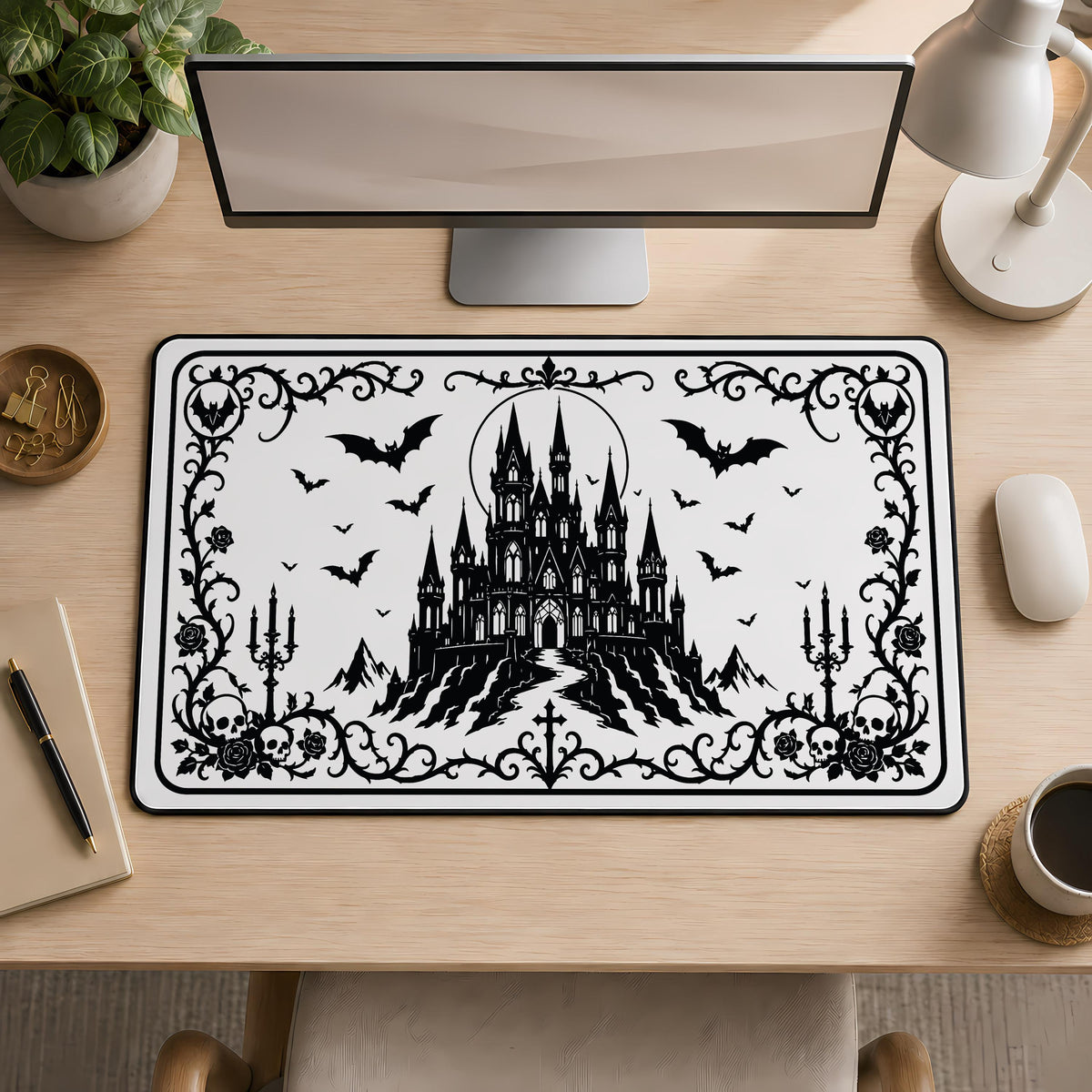 Gothic Castle Desk Mat, Spooky Bats Mouse Pad, Goth Gamer Accessory