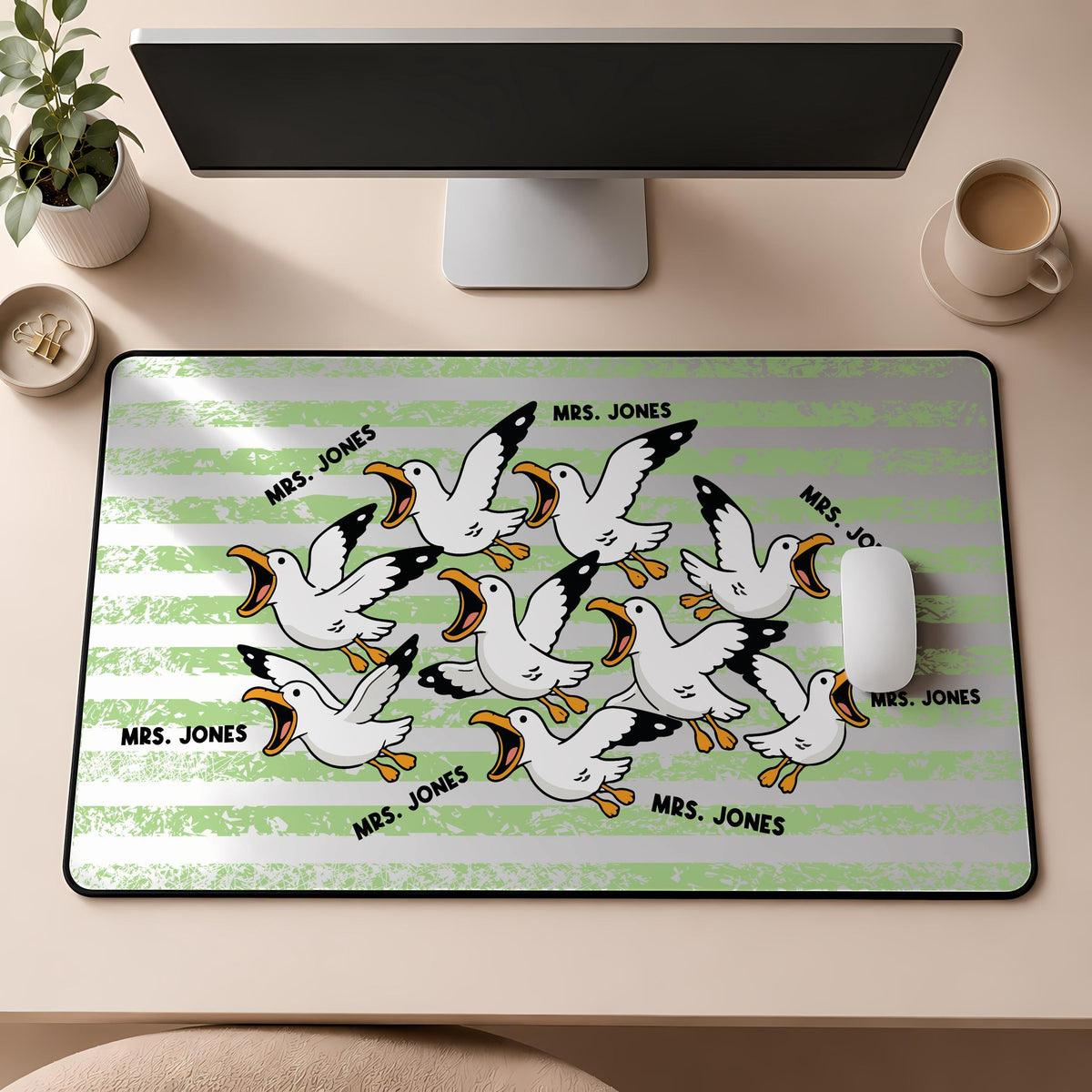 Personalized Teacher Desk Mat, Funny Seagull Mouse Pad, Custom Name Gift