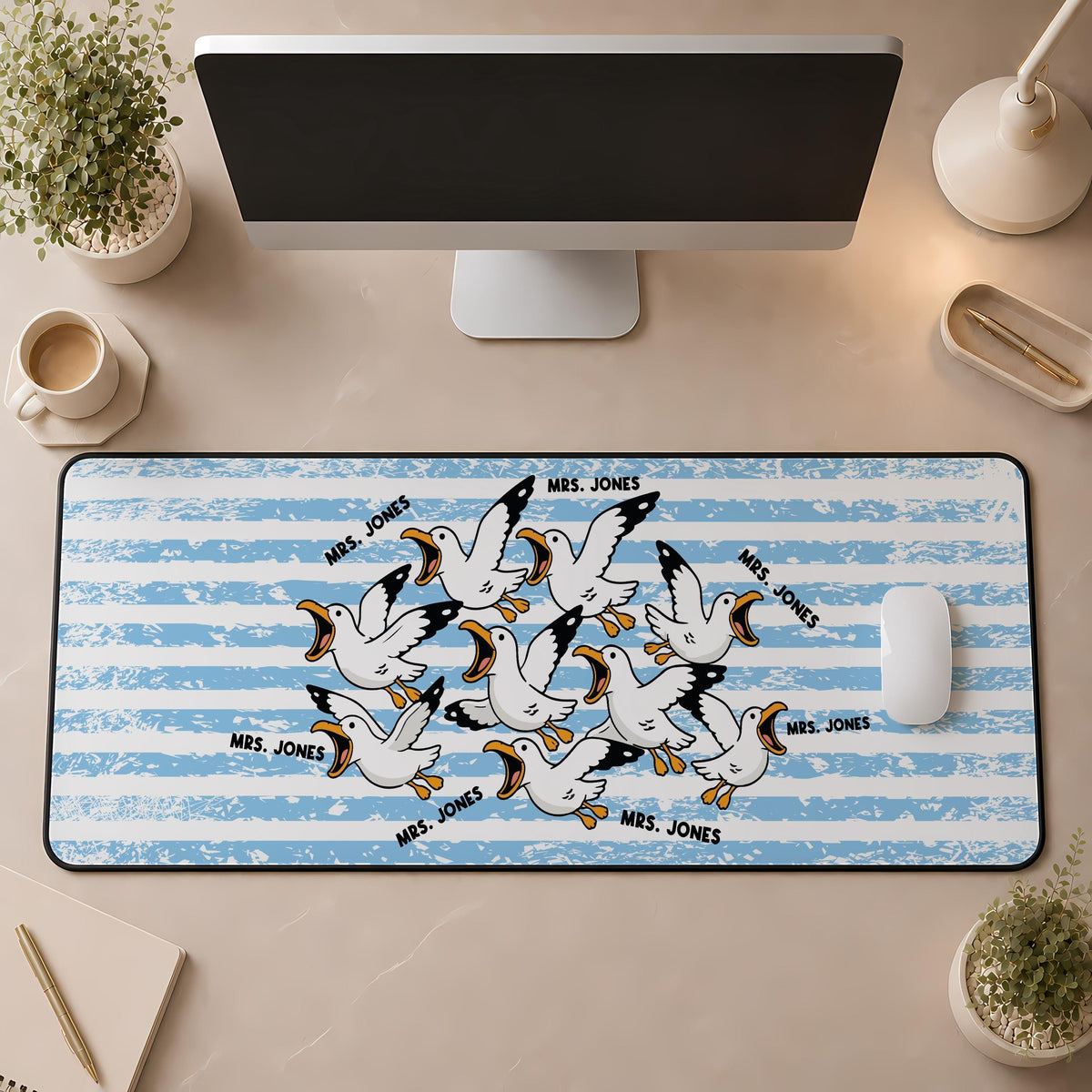Personalized Teacher Desk Mat, Funny Seagull Mouse Pad, Custom Name Gift