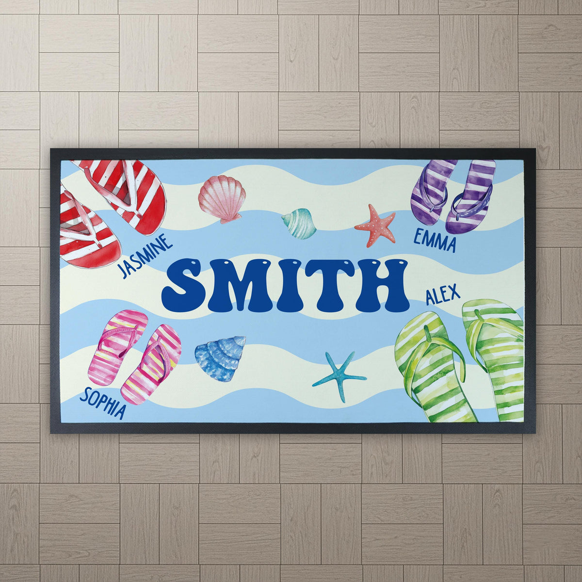 Personalized Family Flip Flops Doormat, Beach Welcome Mat, Seaside Decor