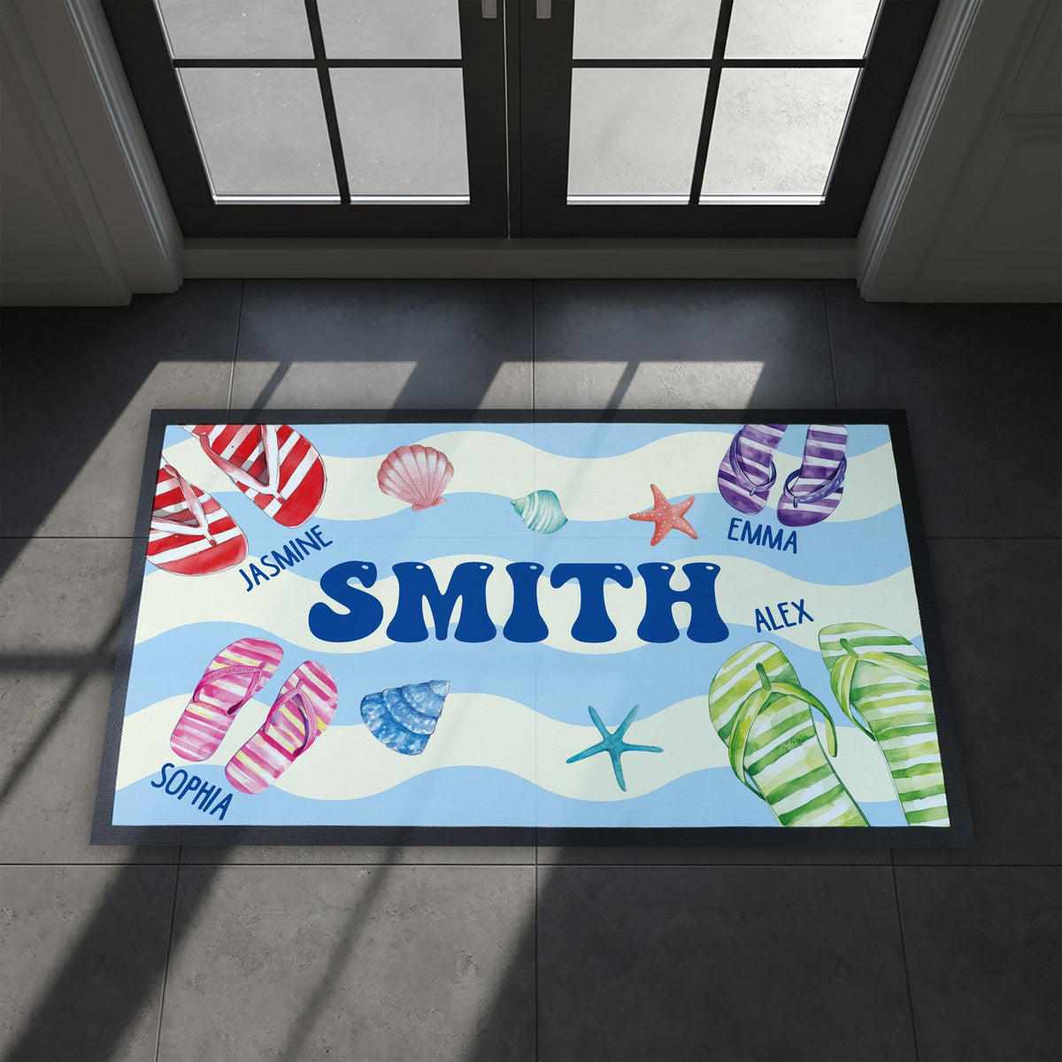 Personalized Family Flip Flops Doormat, Beach Welcome Mat, Seaside Decor
