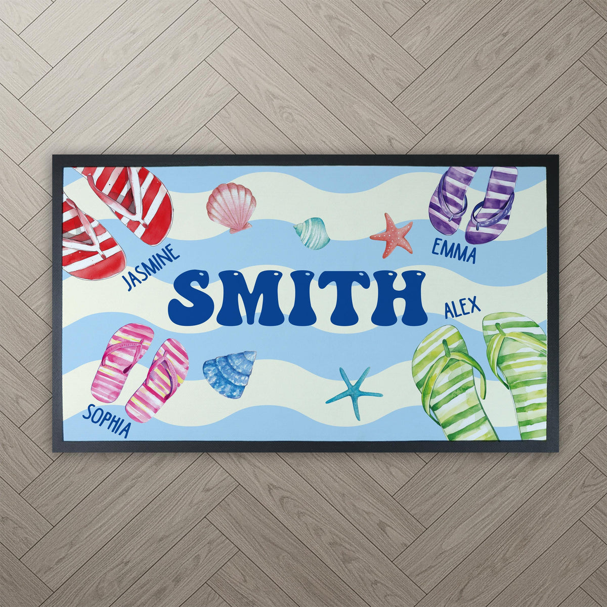 Personalized Family Flip Flops Doormat, Beach Welcome Mat, Seaside Decor