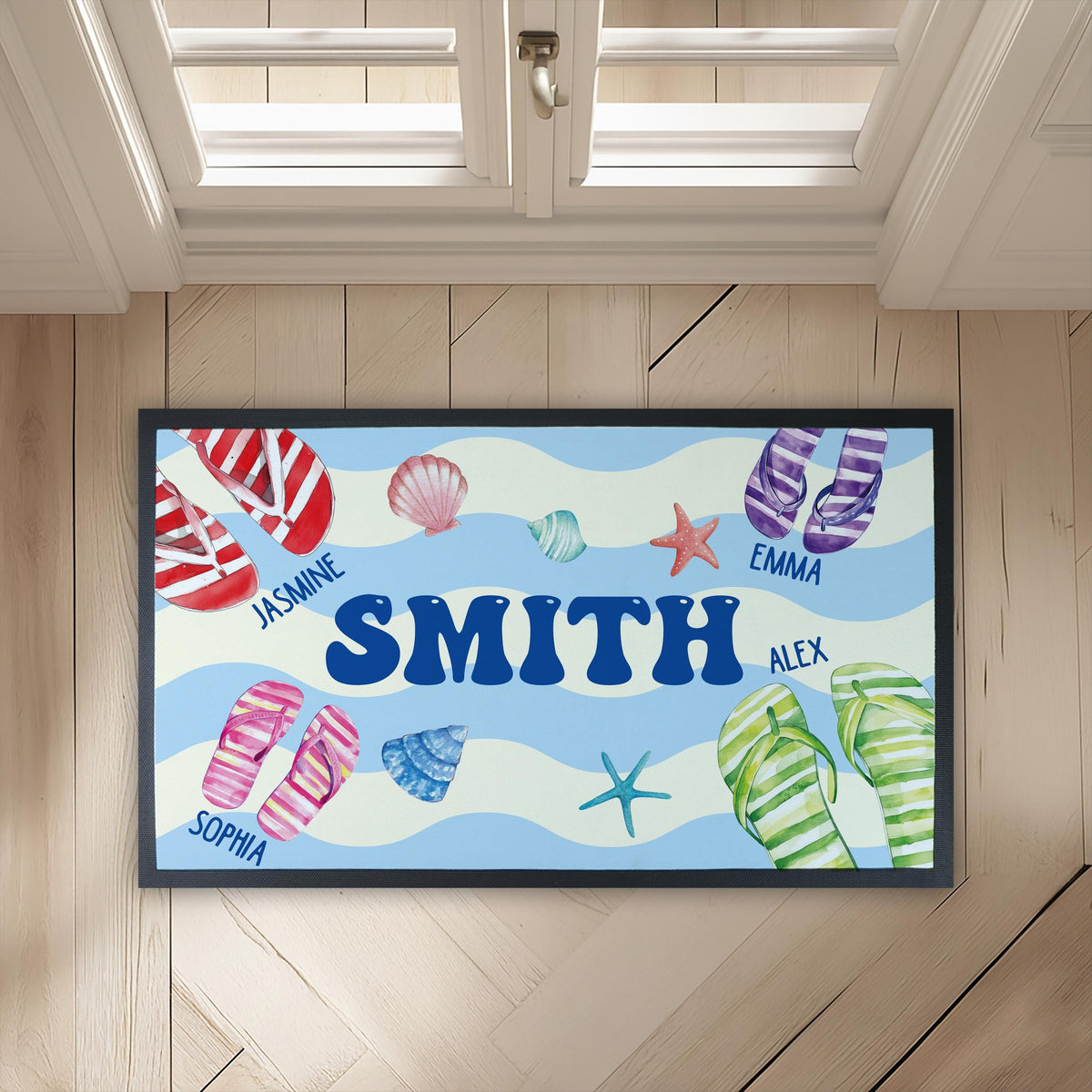 Personalized Family Flip Flops Doormat, Beach Welcome Mat, Seaside Decor