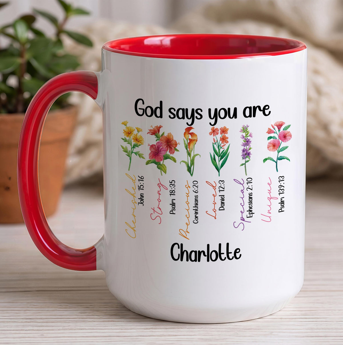 Custom Name Floral Ceramic Mug, Boho Bible Verse Scripture Cup