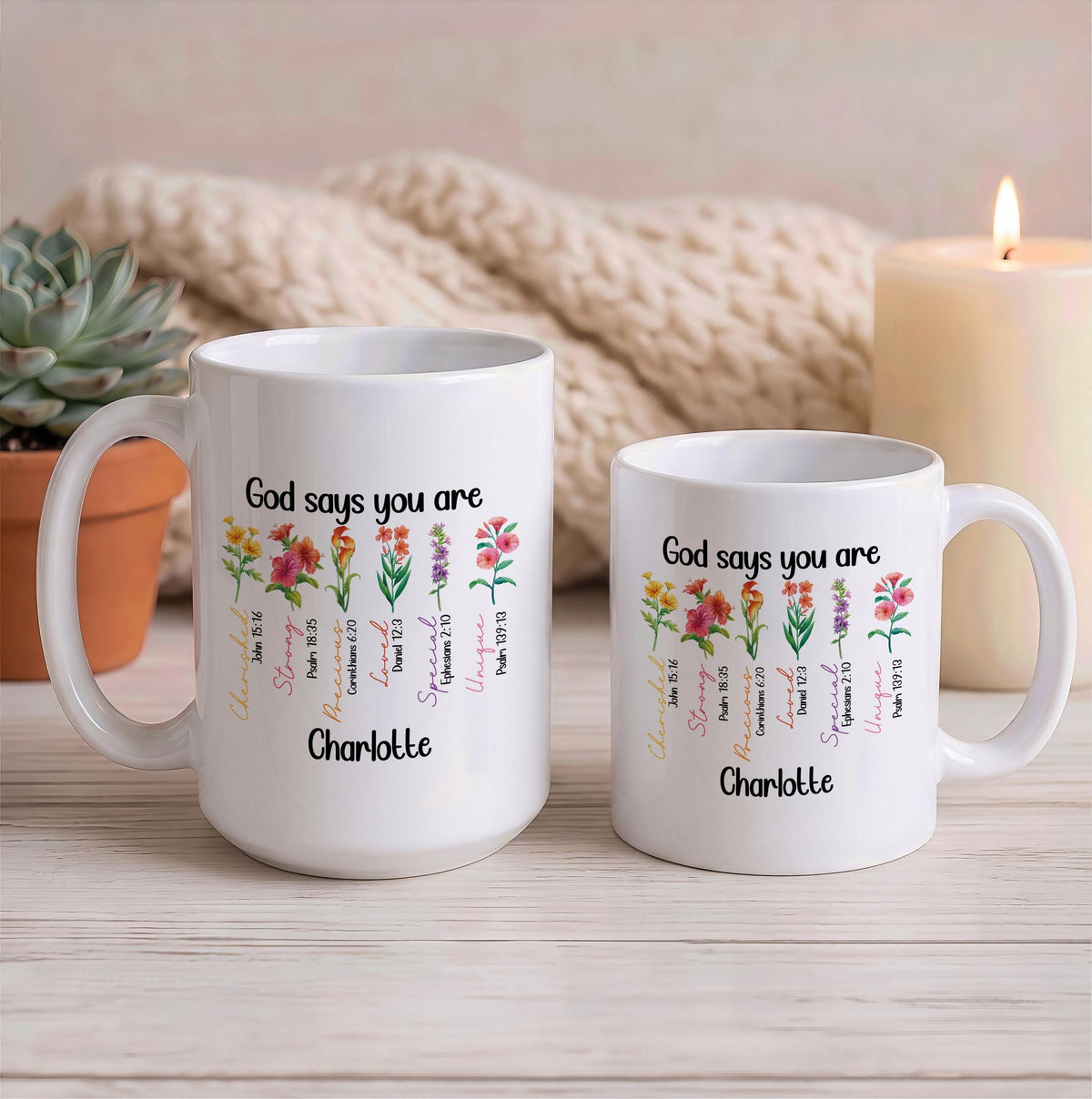 Custom Name Floral Ceramic Mug, Boho Bible Verse Scripture Cup
