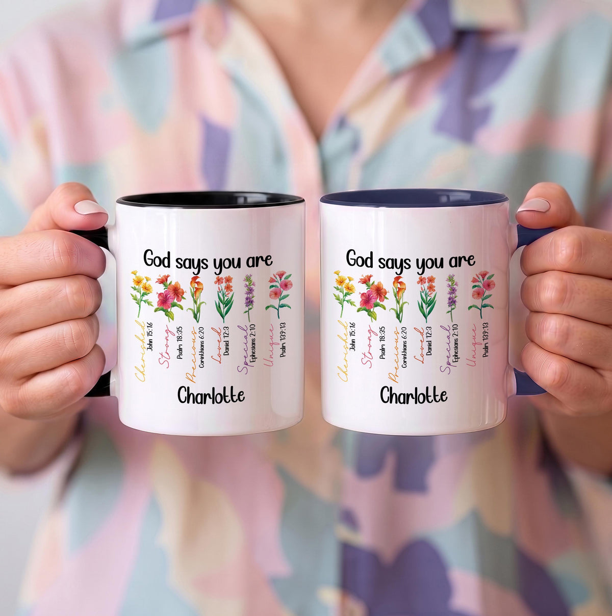 Custom Name Floral Ceramic Mug, Boho Bible Verse Scripture Cup