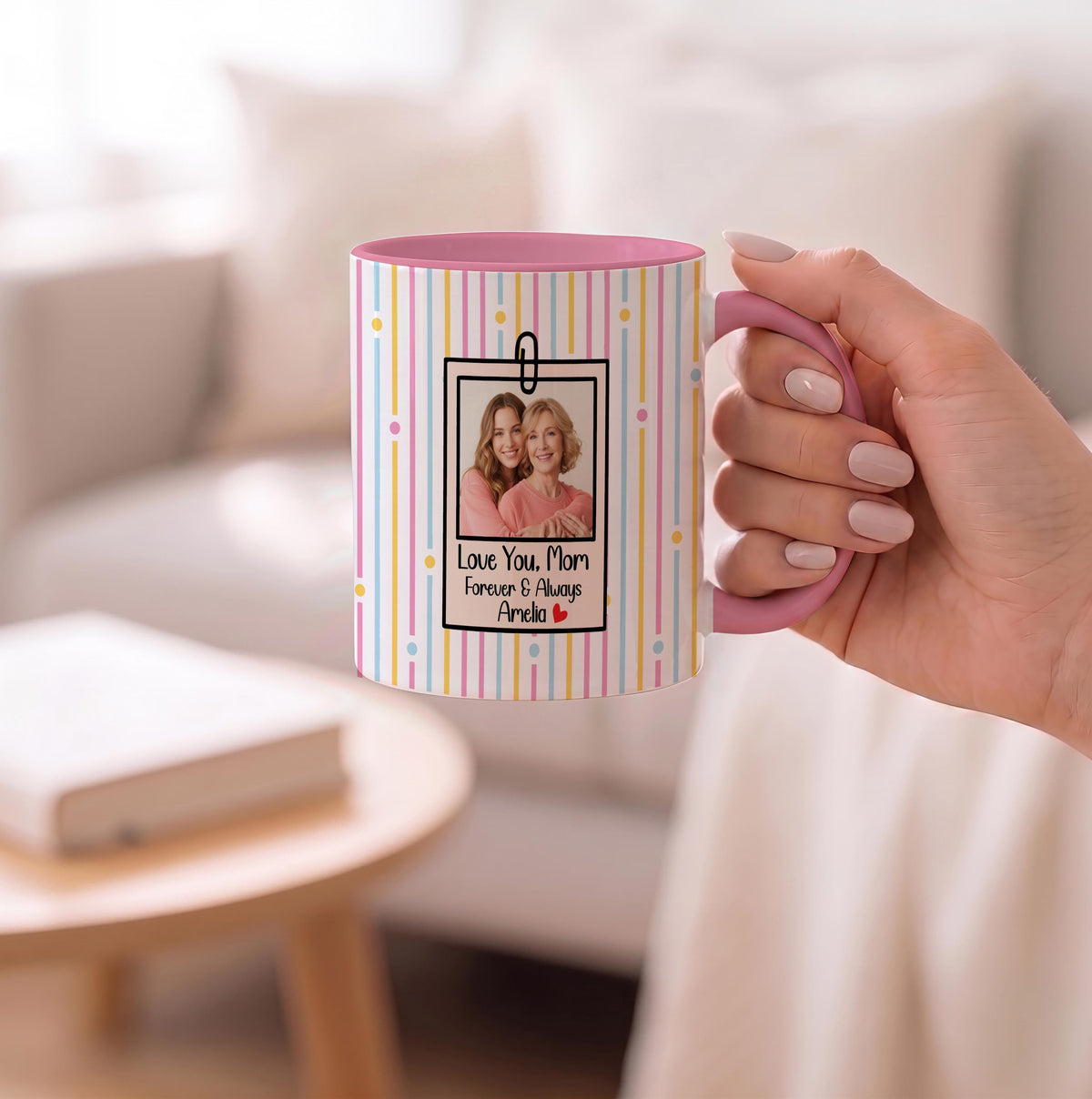 Personalized Photo Mug, Custom Text Ceramic Coffee Cup, Striped Background Memory Keepsake