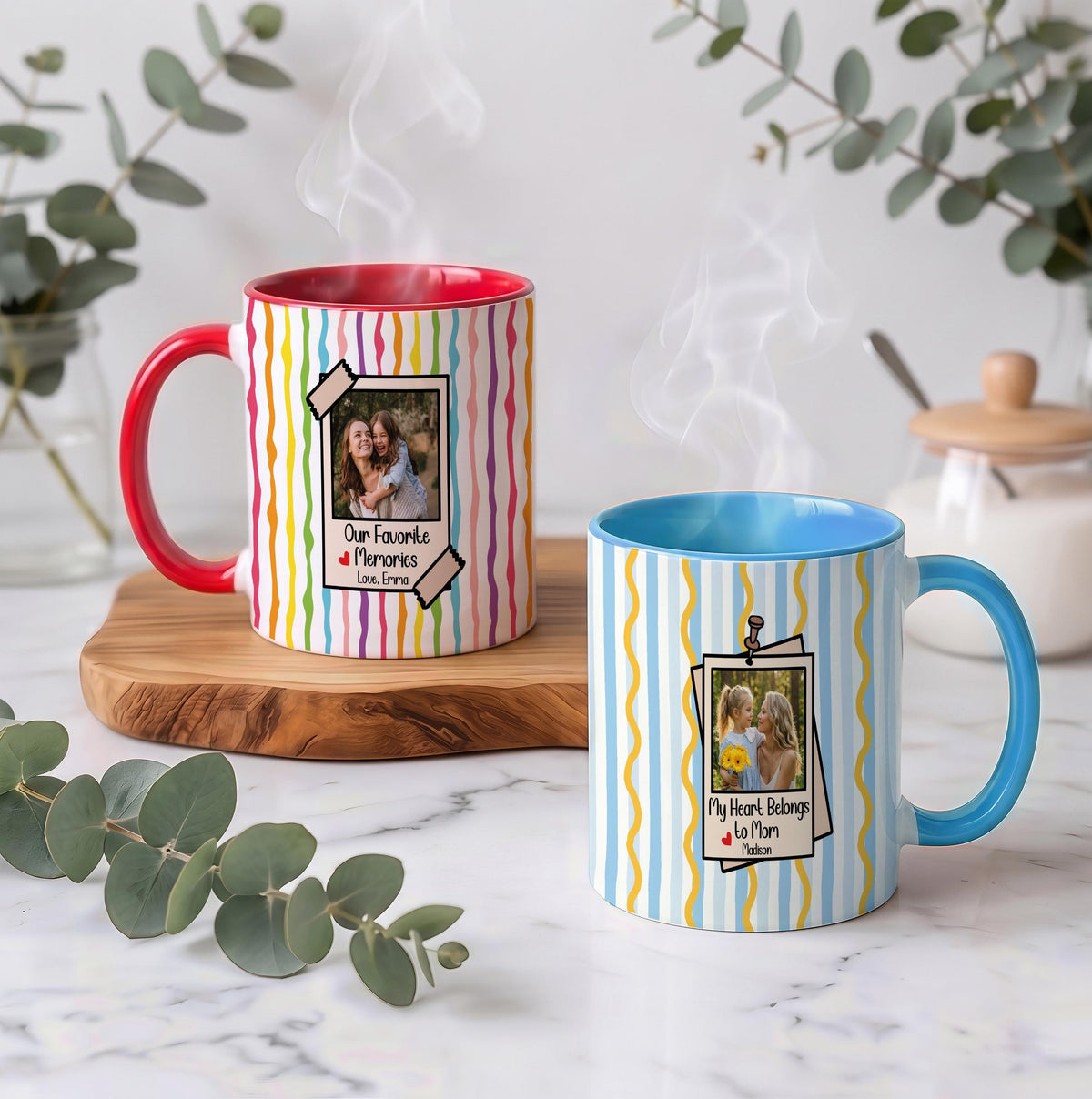 Personalized Photo Mug, Custom Text Ceramic Coffee Cup, Striped Background Memory Keepsake