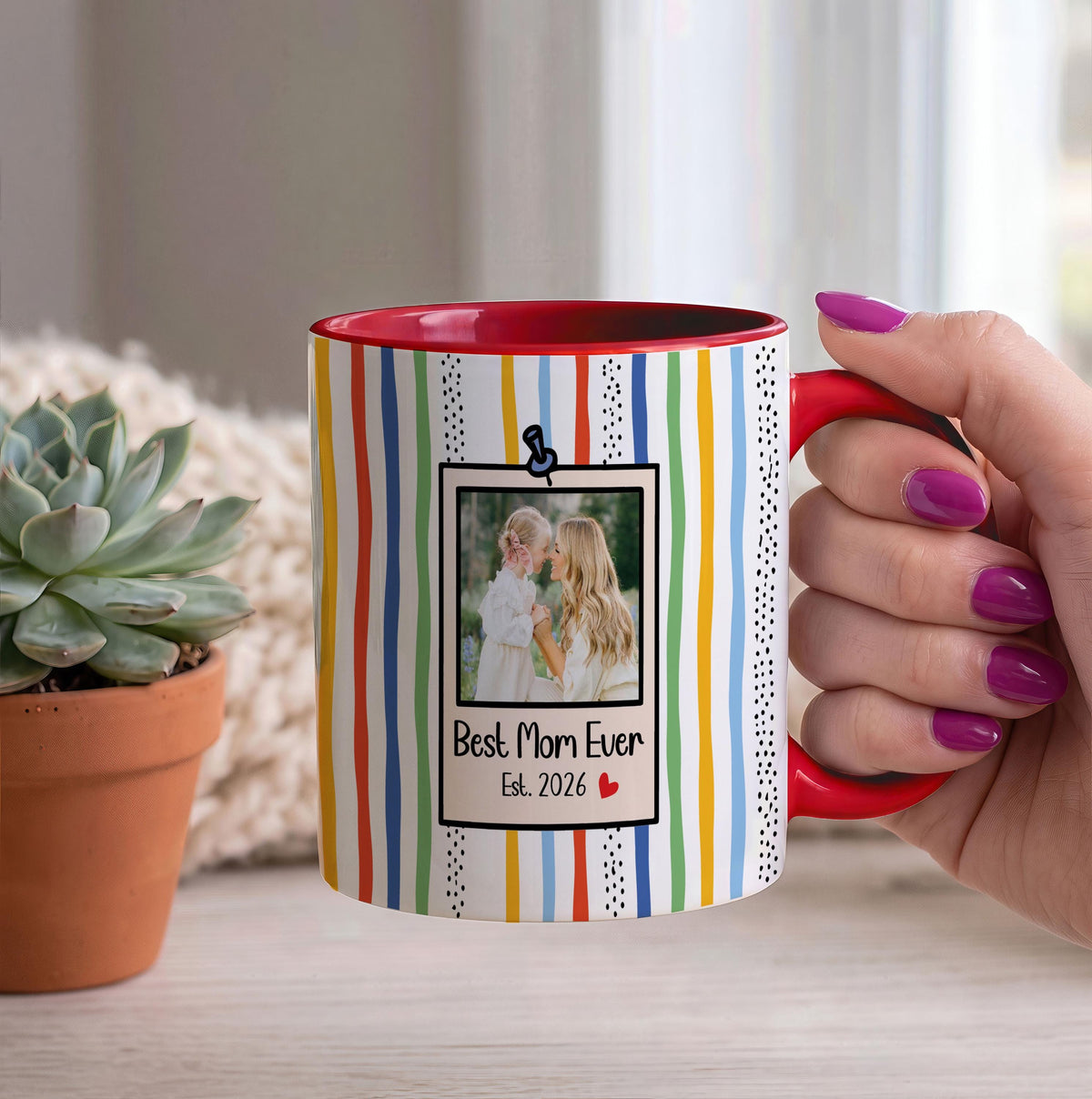 Personalized Photo Mug, Custom Text Ceramic Coffee Cup, Striped Background Memory Keepsake