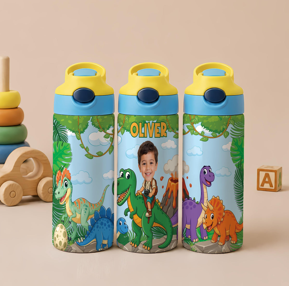 Personalized Dinosaur Kids Tumbler, Custom Name Water Bottle with Straw