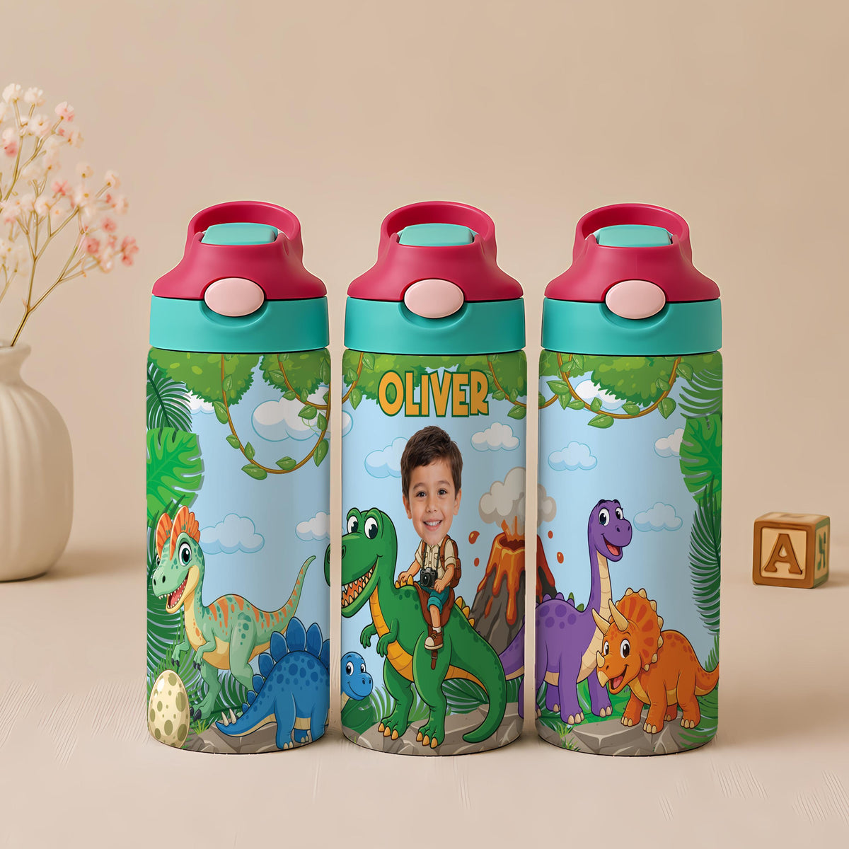 Personalized Dinosaur Kids Tumbler, Custom Name Water Bottle with Straw