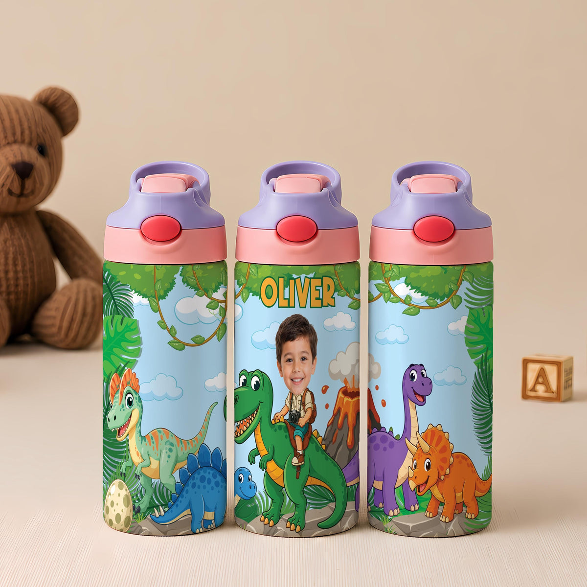 Personalized Dinosaur Kids Tumbler, Custom Name Water Bottle with Straw