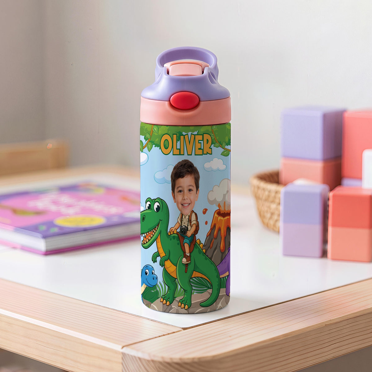 Personalized Dinosaur Kids Tumbler, Custom Name Water Bottle with Straw
