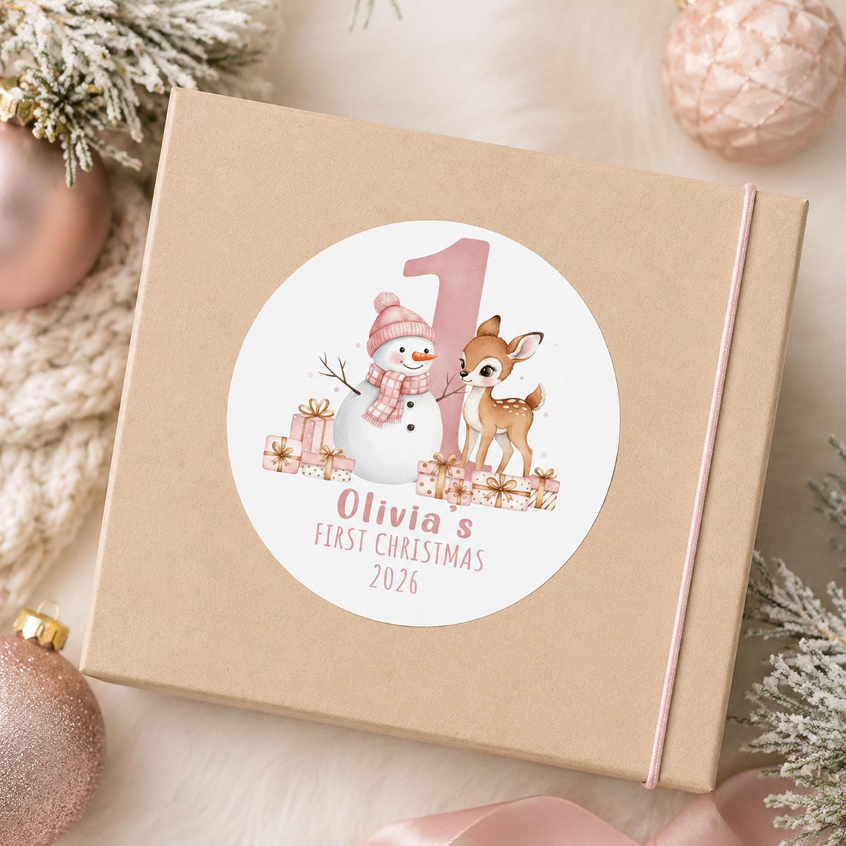 Personalized Baby First Christmas Stickers, Snowman Deer Favor Labels, Pink Holiday Party