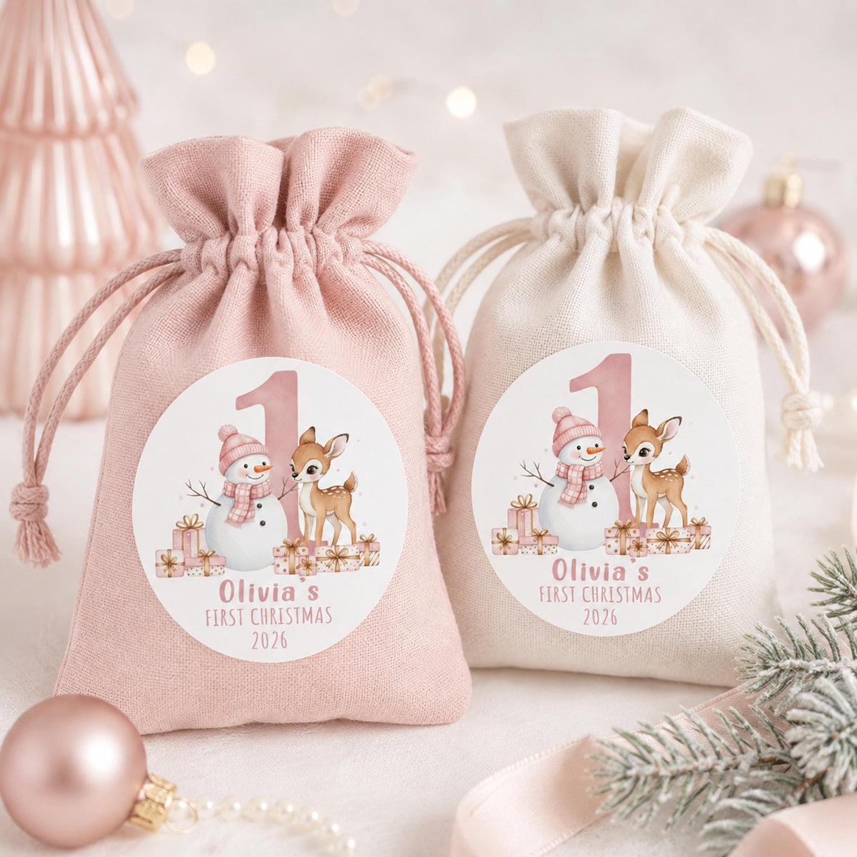 Personalized Baby First Christmas Stickers, Snowman Deer Favor Labels, Pink Holiday Party