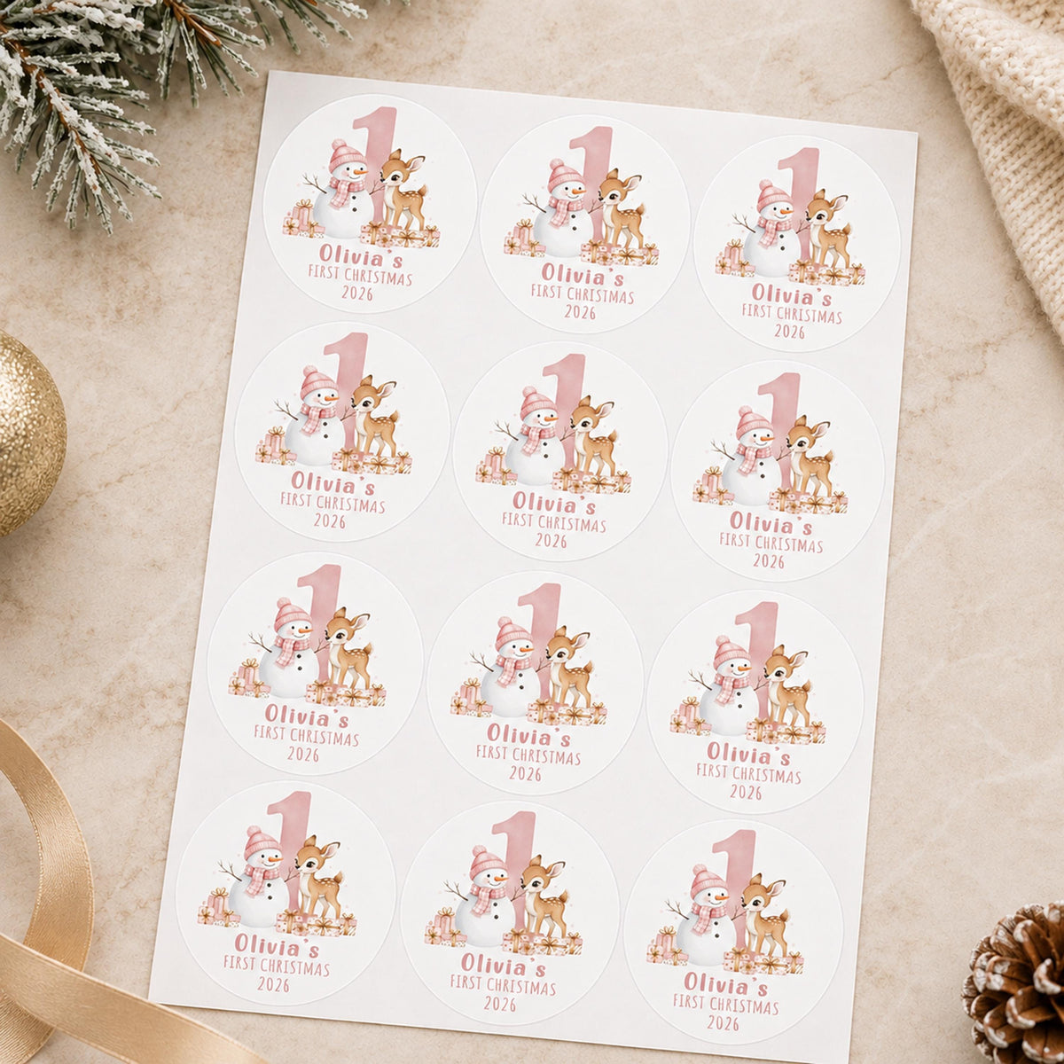 Personalized Baby First Christmas Stickers, Snowman Deer Favor Labels, Pink Holiday Party