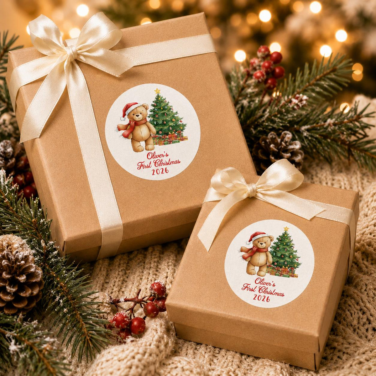 Customized First Christmas Stickers, Baby Holiday Favor Labels, Party Gift Stickers