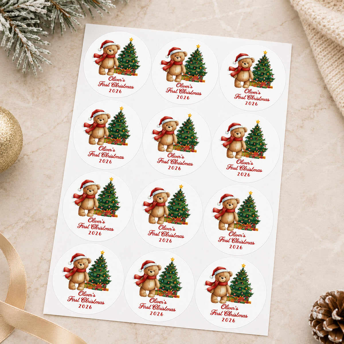 Customized First Christmas Stickers, Baby Holiday Favor Labels, Party Gift Stickers