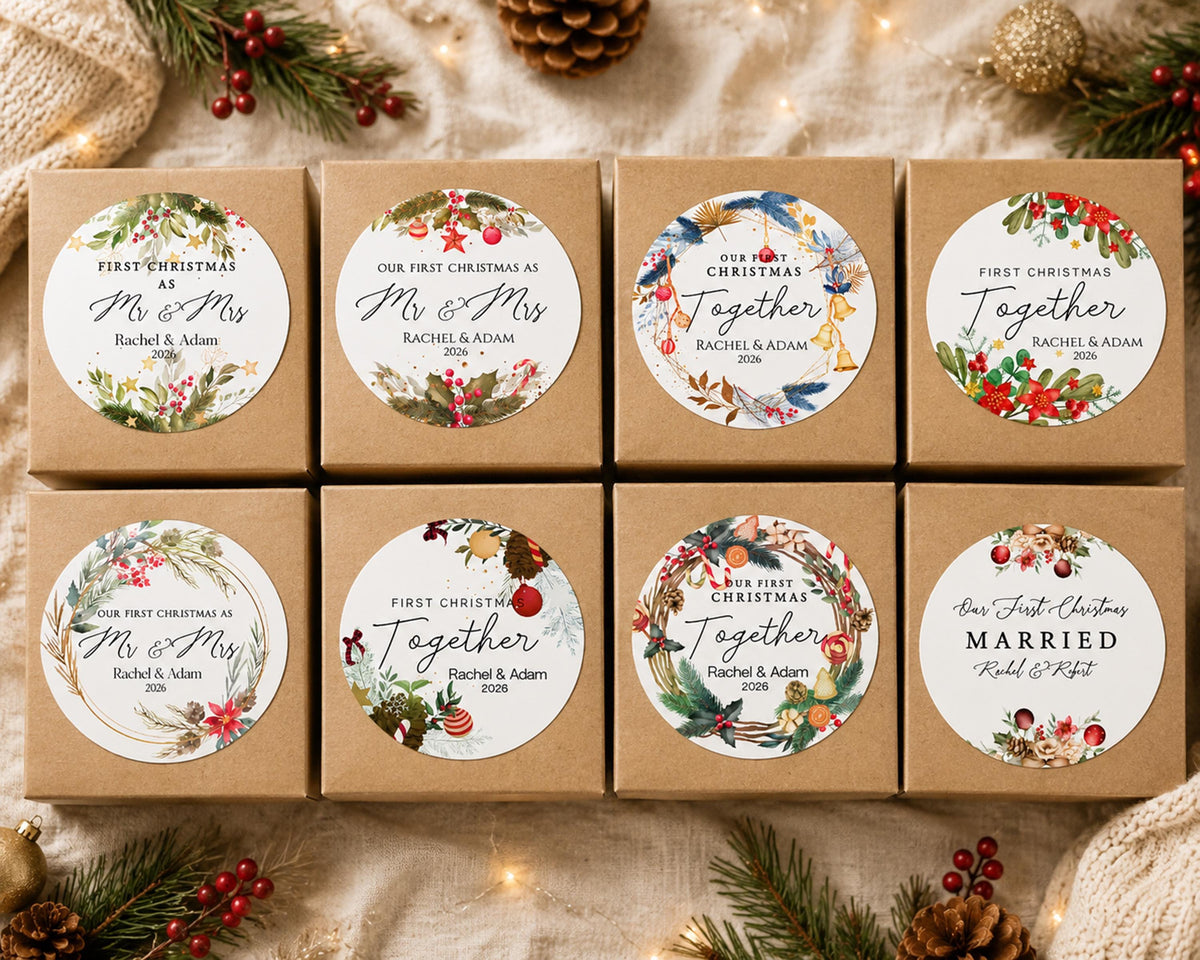 Personalized First Christmas Together Stickers, Custom Couple Holiday Labels, Mr Mrs Favor Stickers