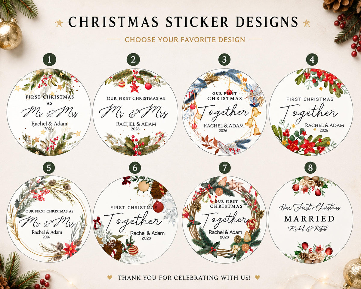Personalized First Christmas Together Stickers, Custom Couple Holiday Labels, Mr Mrs Favor Stickers