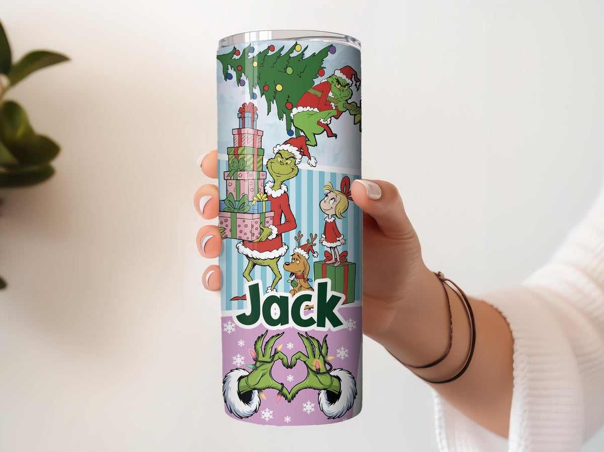 Personalized Christmas Green Monster Tumbler with Straw, Custom Name Festive Holiday Coffee Cup