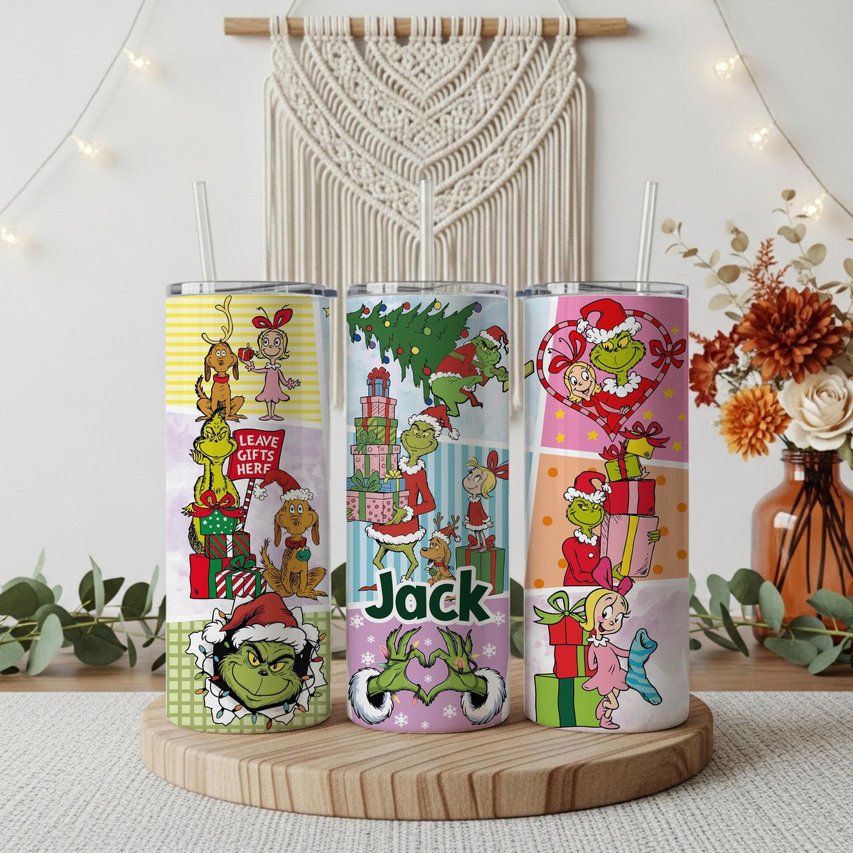 Personalized Christmas Green Monster Tumbler with Straw, Custom Name Festive Holiday Coffee Cup
