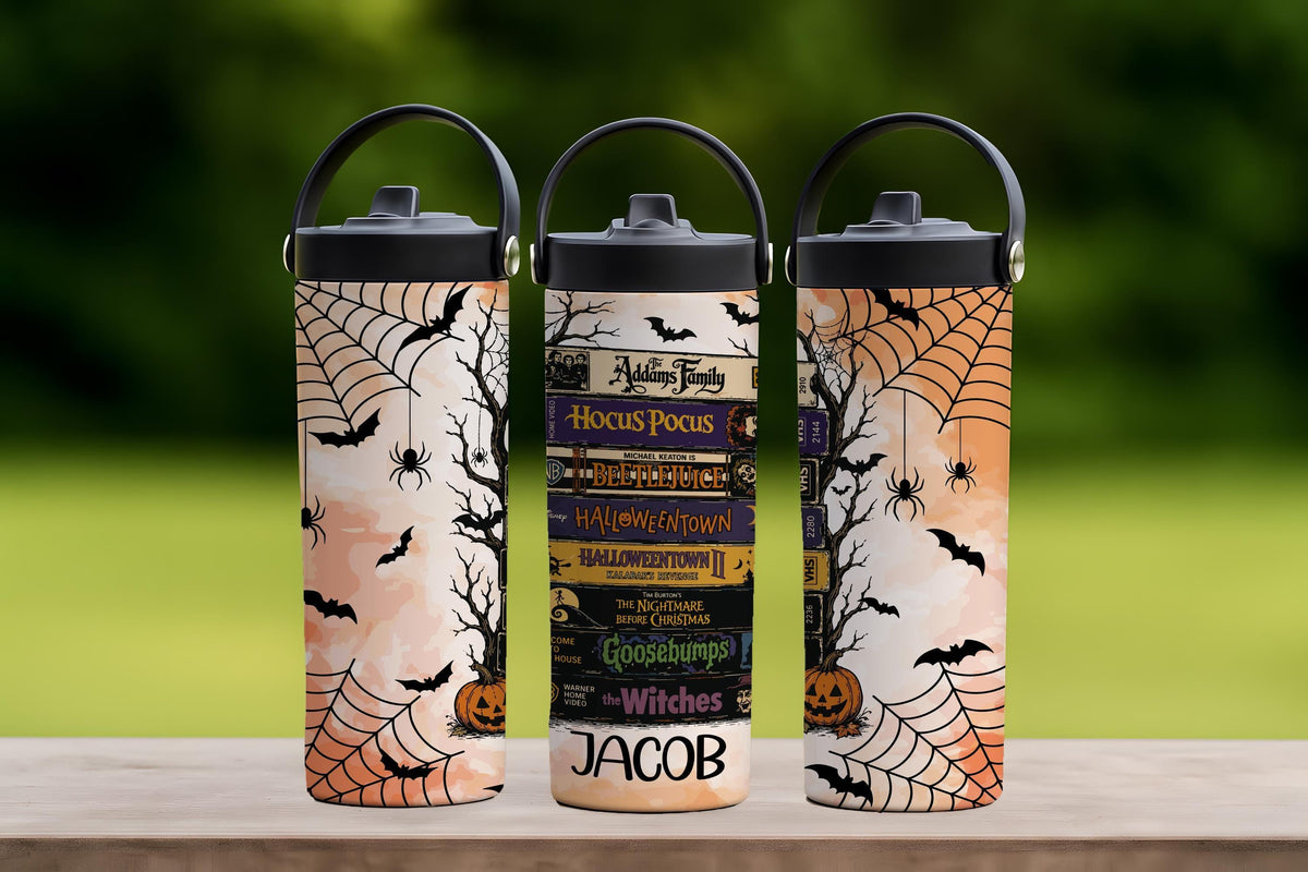 Custom Name Halloween Movie VHS Tumbler with Foldable Straw