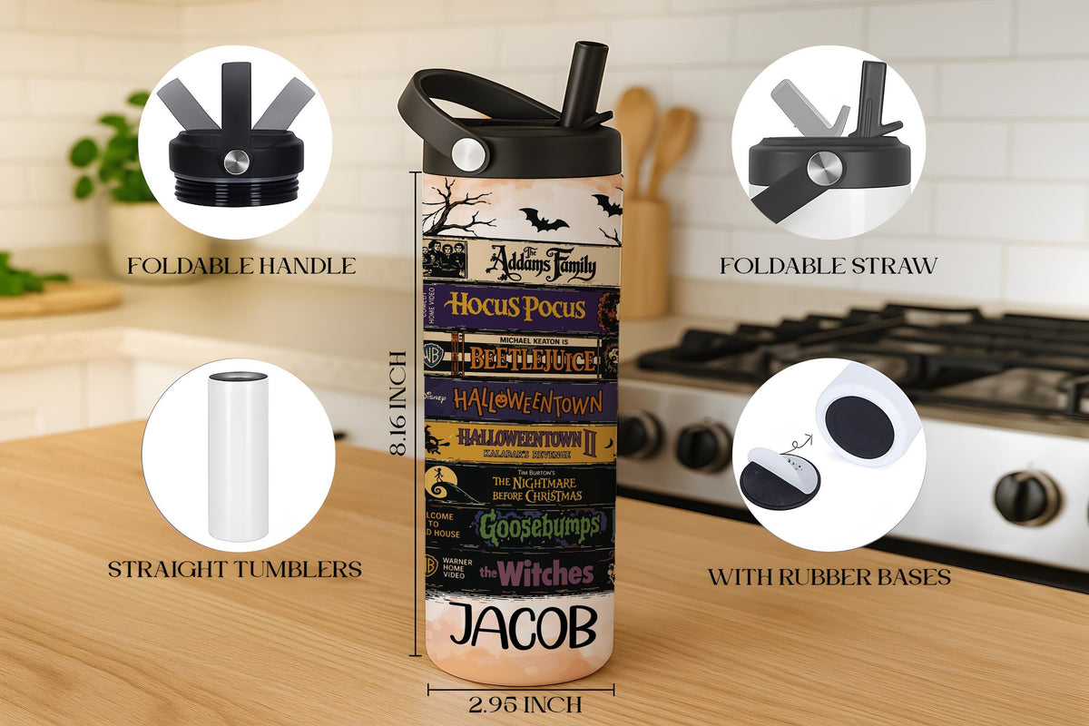 Custom Name Halloween Movie VHS Tumbler with Foldable Straw