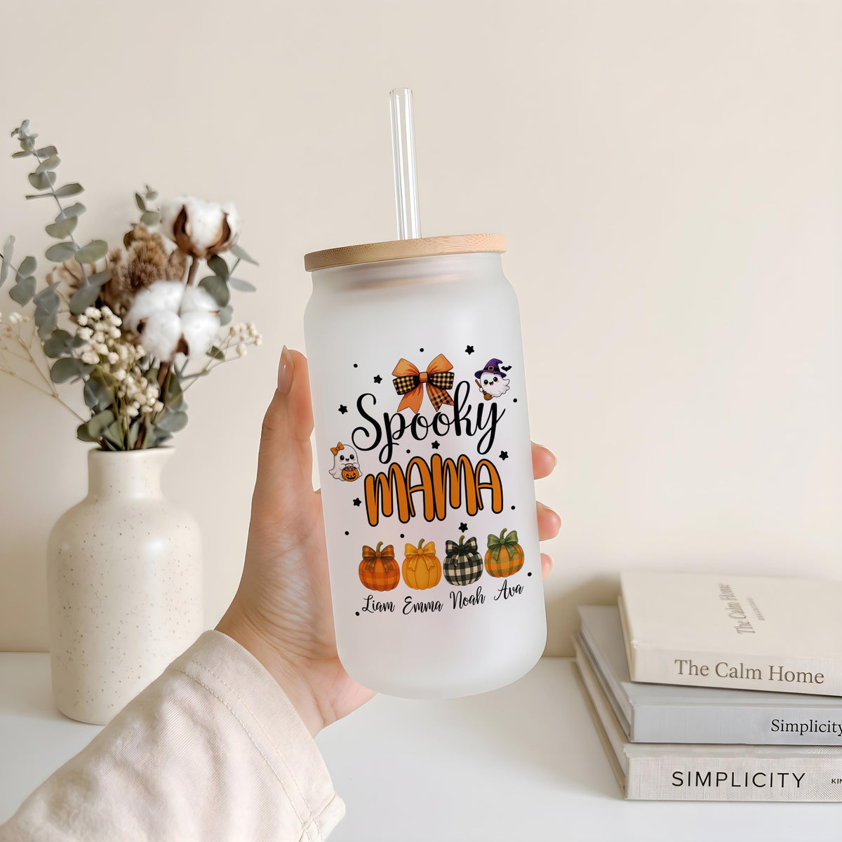Personalized Spooky Mama Iced Coffee Cup, Custom Halloween Glassware for Mom