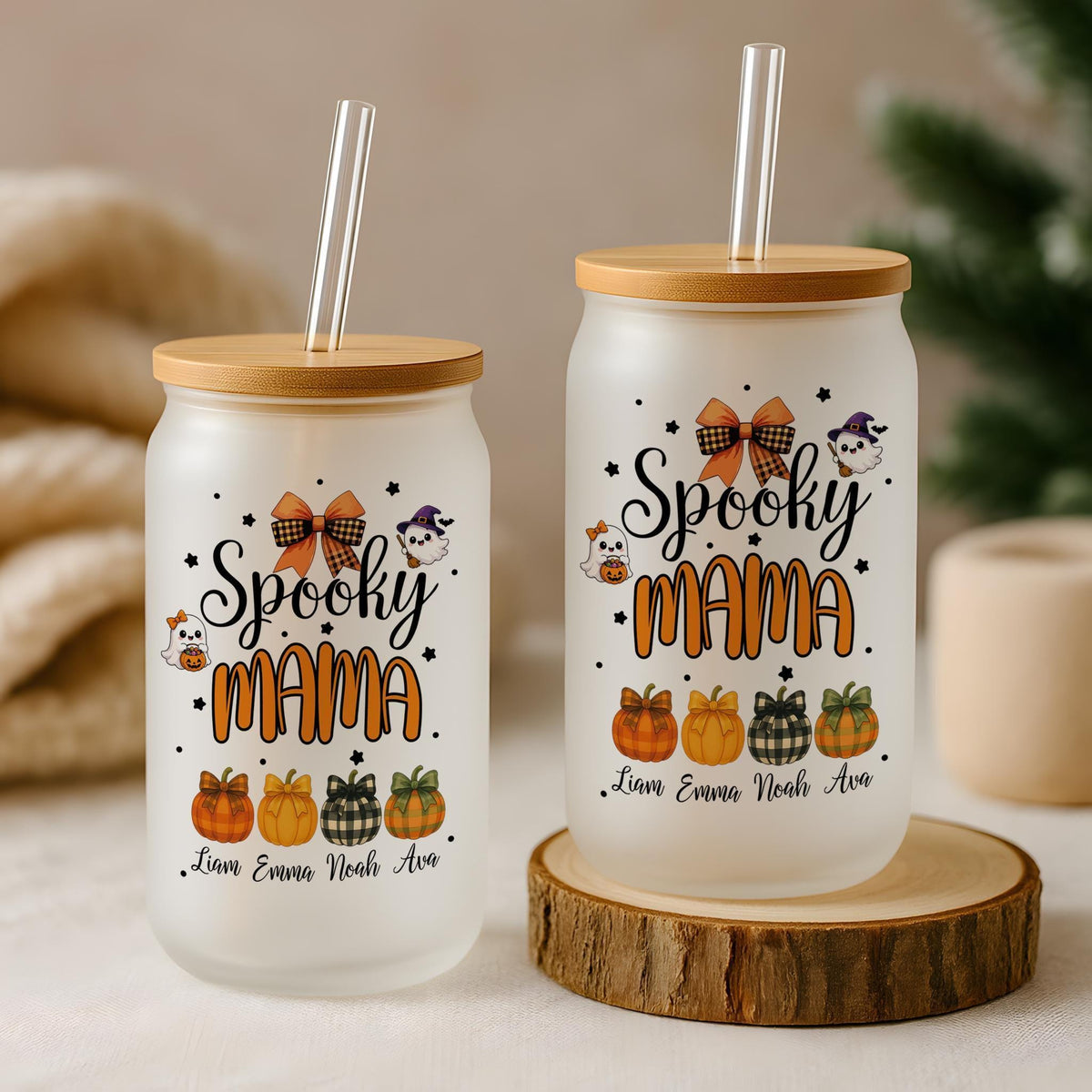 Personalized Spooky Mama Iced Coffee Cup, Custom Halloween Glassware for Mom