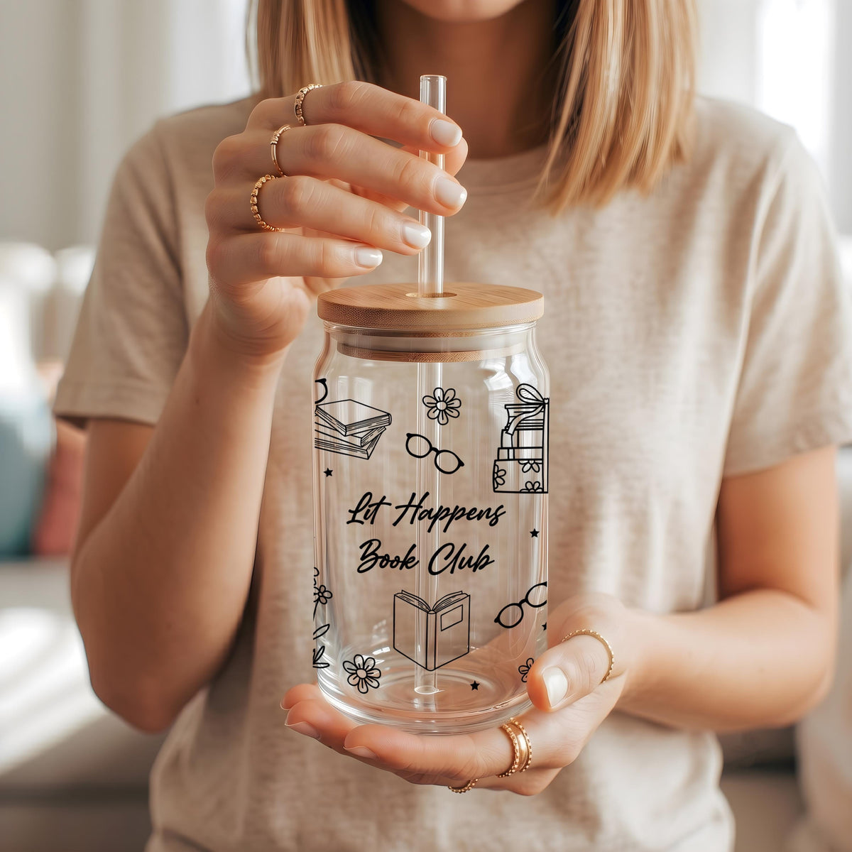 Custom Name Bookish Doodles Design Can Glass Tumbler, Matching Book Club Glassware