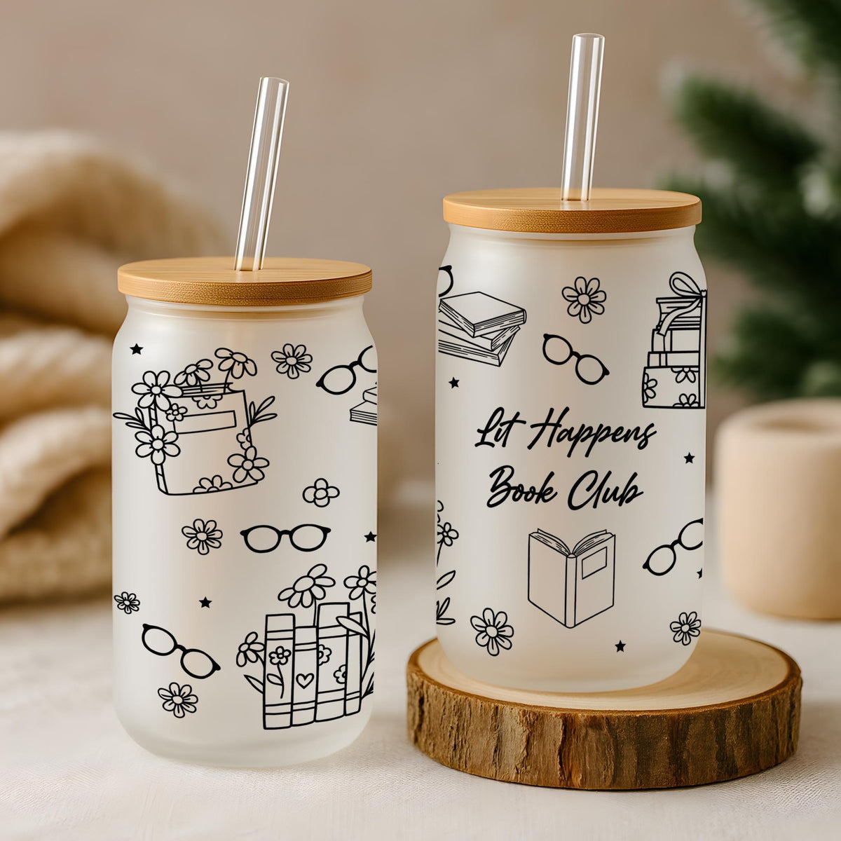 Custom Name Bookish Doodles Design Can Glass Tumbler, Matching Book Club Glassware