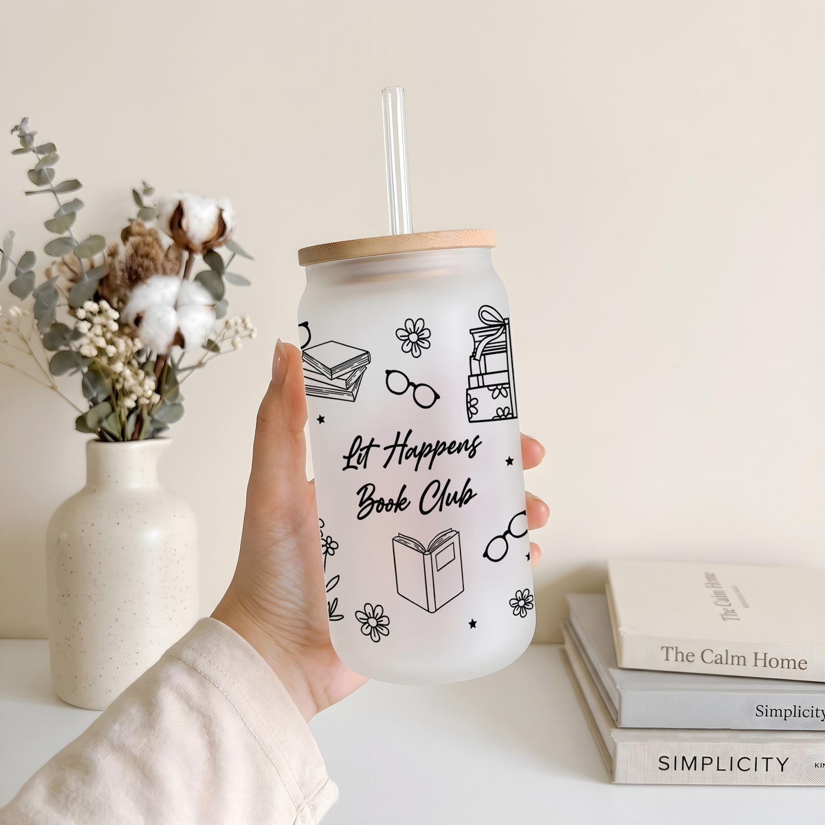 Custom Name Bookish Doodles Design Can Glass Tumbler, Matching Book Club Glassware