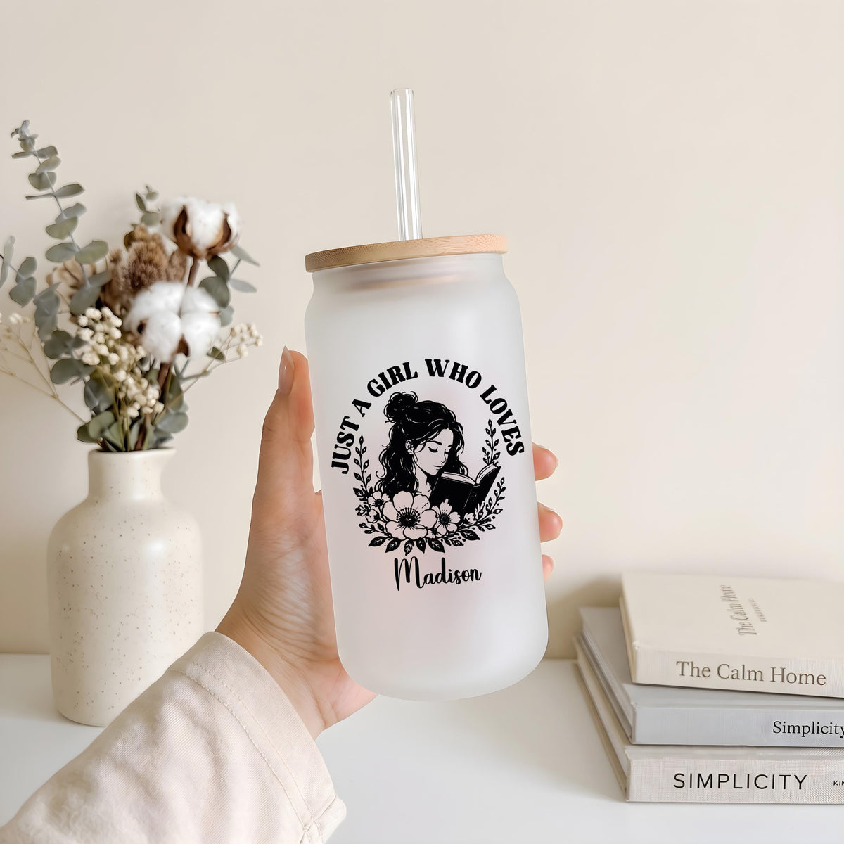 Custom Name Just A Girl Who Loves Books Can Glass Cup, Boho Book Lover Iced Coffee Tumbler