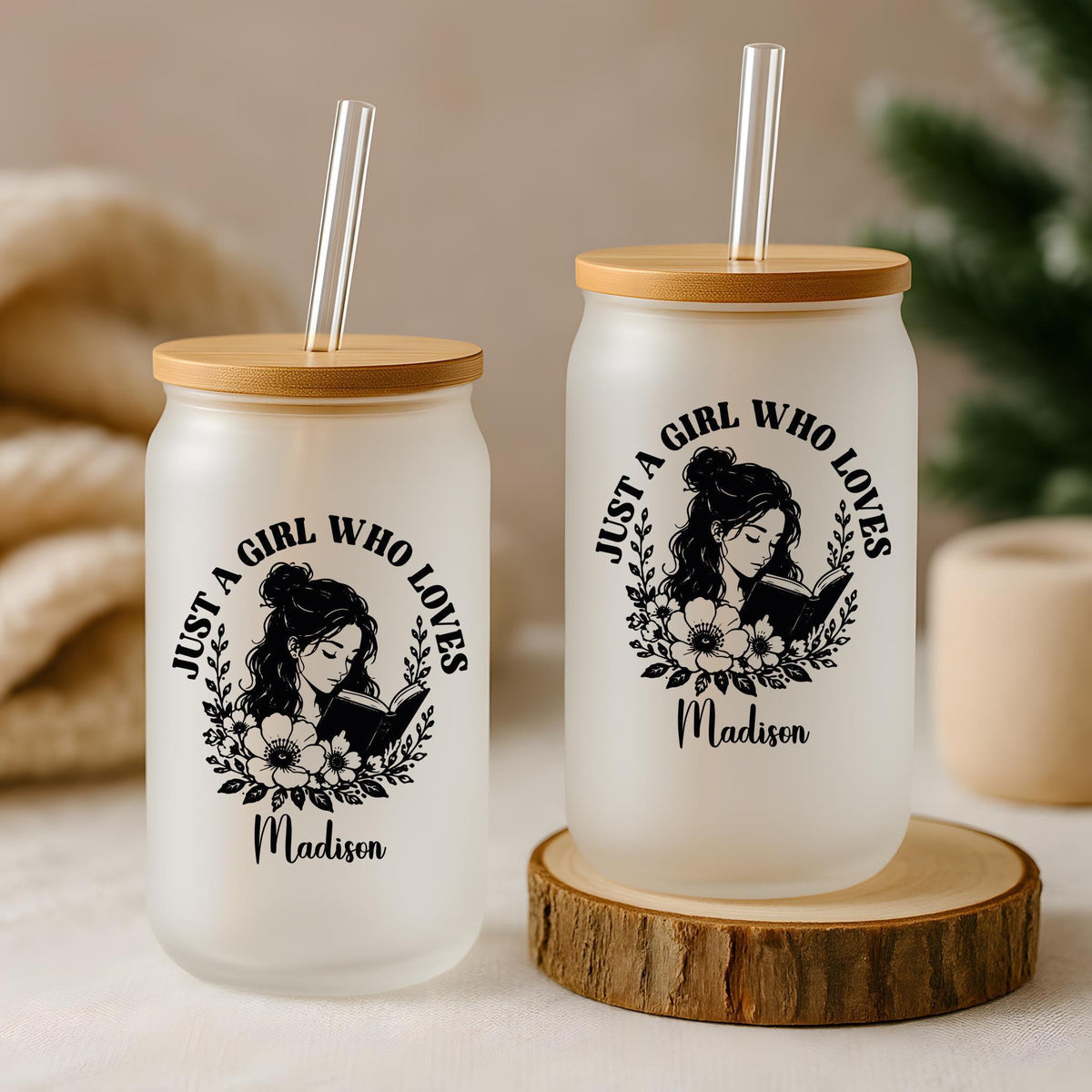 Custom Name Just A Girl Who Loves Books Can Glass Cup, Boho Book Lover Iced Coffee Tumbler