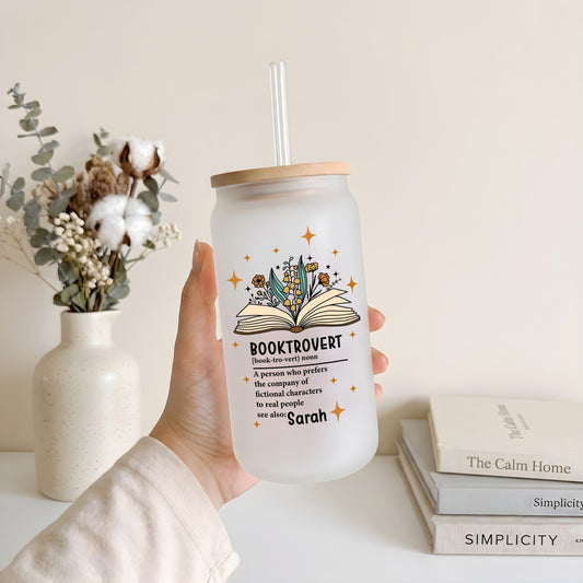 Custom Name Floral Booktrovert Iced Coffee Cup, Personalized Reading Glassware for Her