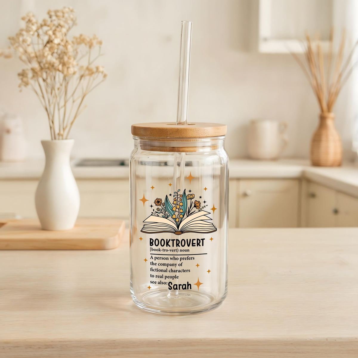 Custom Name Floral Booktrovert Iced Coffee Cup, Personalized Reading Glassware for Her
